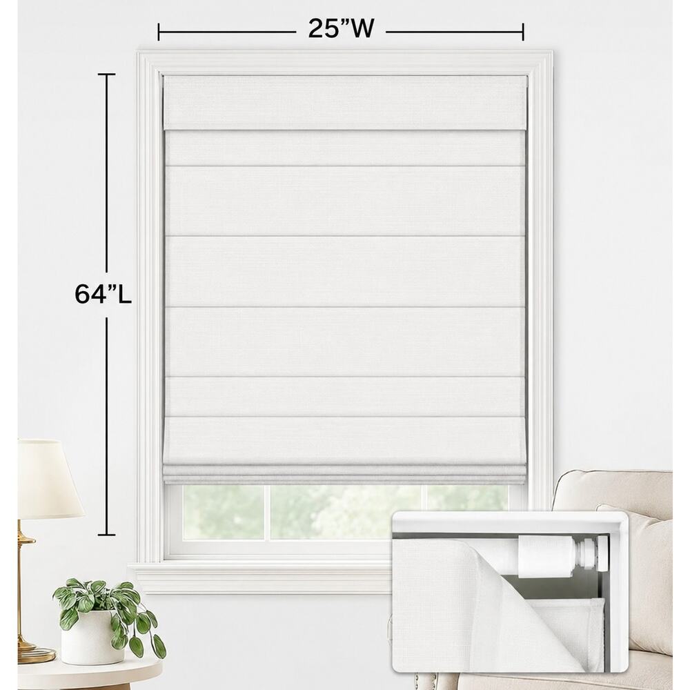 LazBlinds 25"W x 64"L Cordless Polyester Roman Shades, No Drill, Off White New